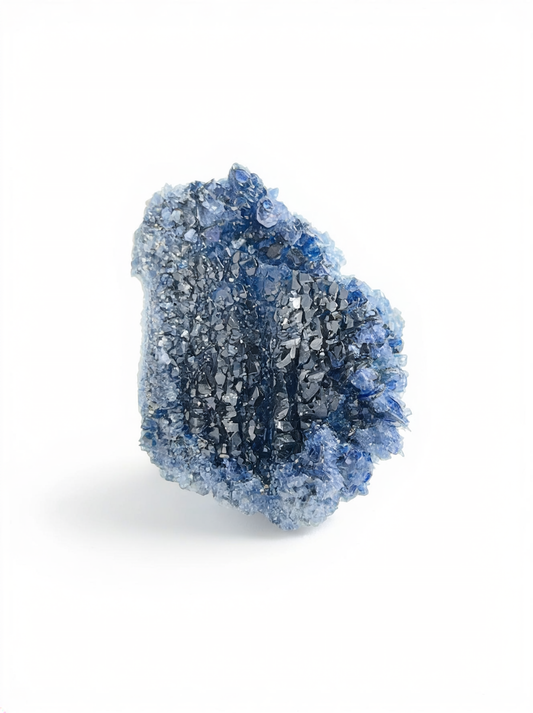 Raw Blue Sapphire crystal cluster ring, front view.