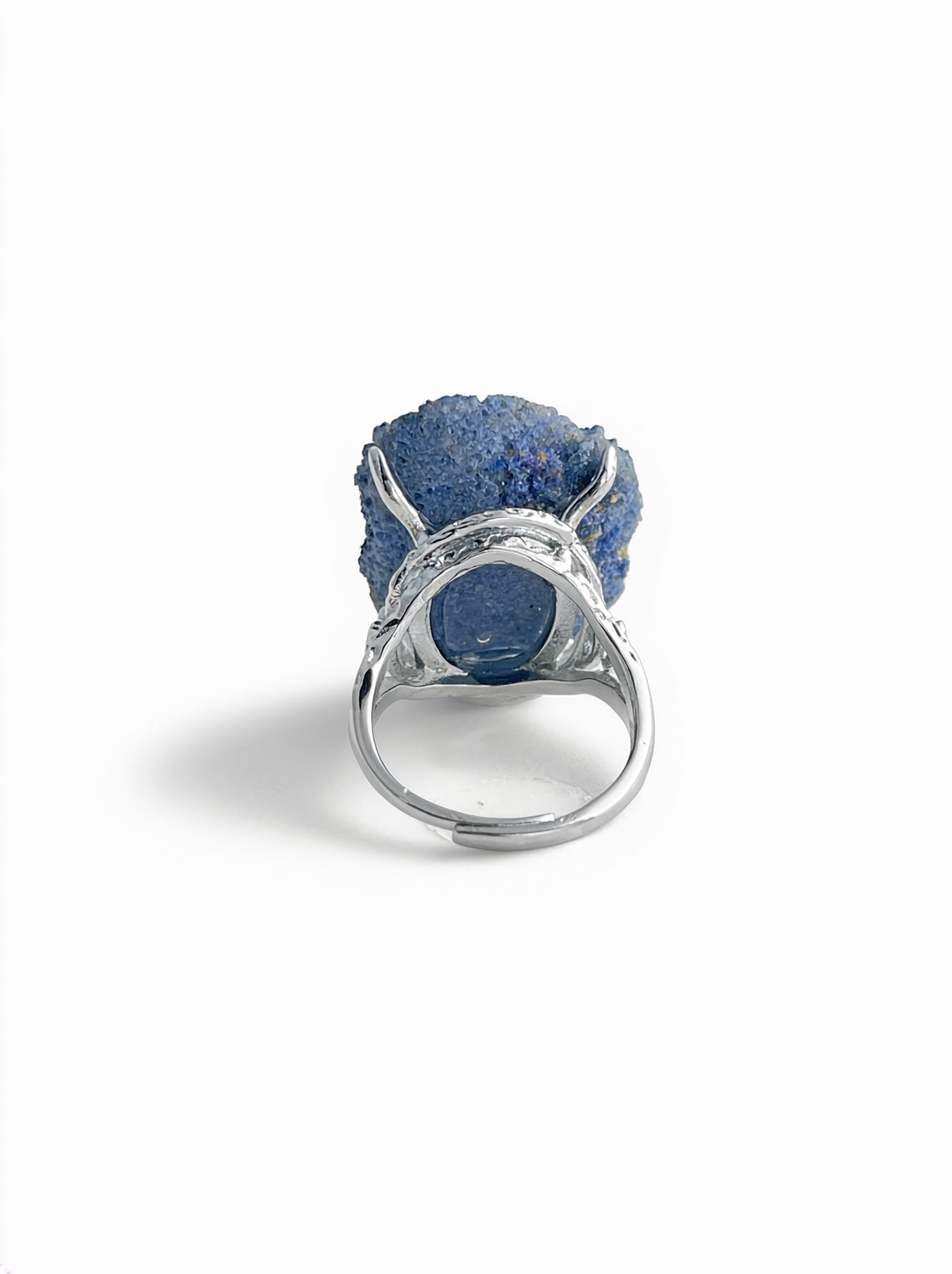 Back view of Raw Blue Sapphire Crystal Ring and adjustable open band