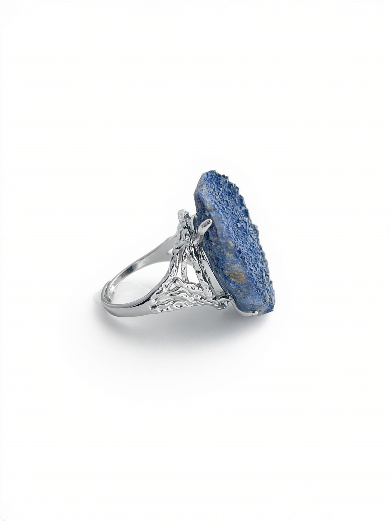 Side view of Raw Blue Sapphire Crystal Ring with palladium plated band