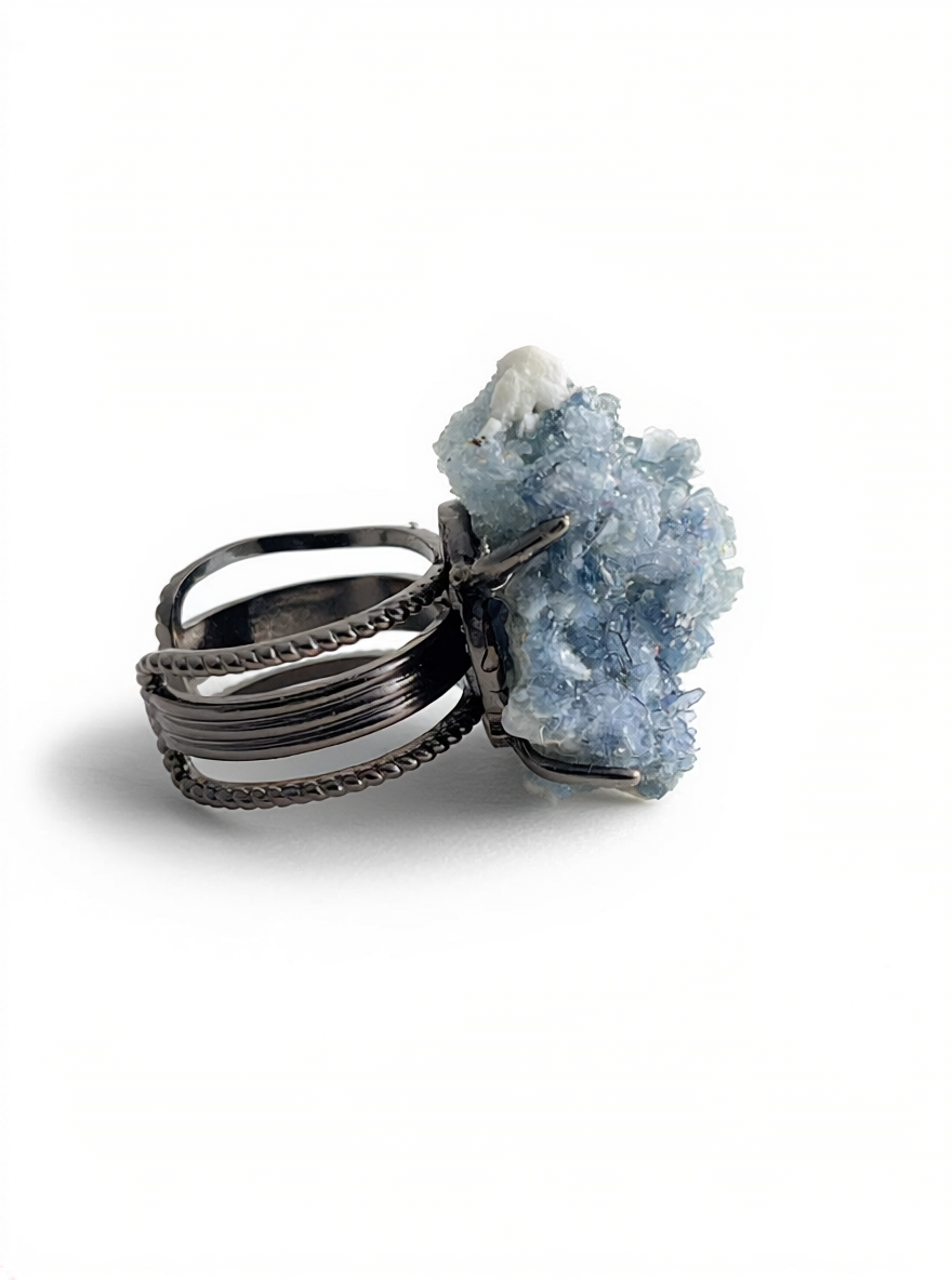 Raw Blue Sapphire Crystal Ring, side view