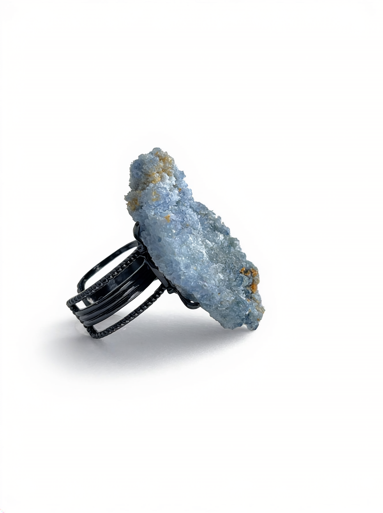 Side view of Raw Blue Sapphire Mineral Specimen Ring with palladium plated band