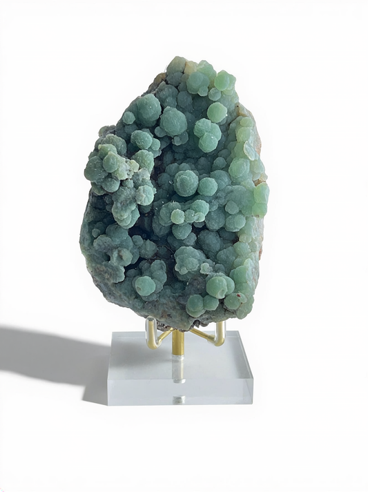 Raw botryoidal green prehnite mineral specimen from Morocco with display stand, front view