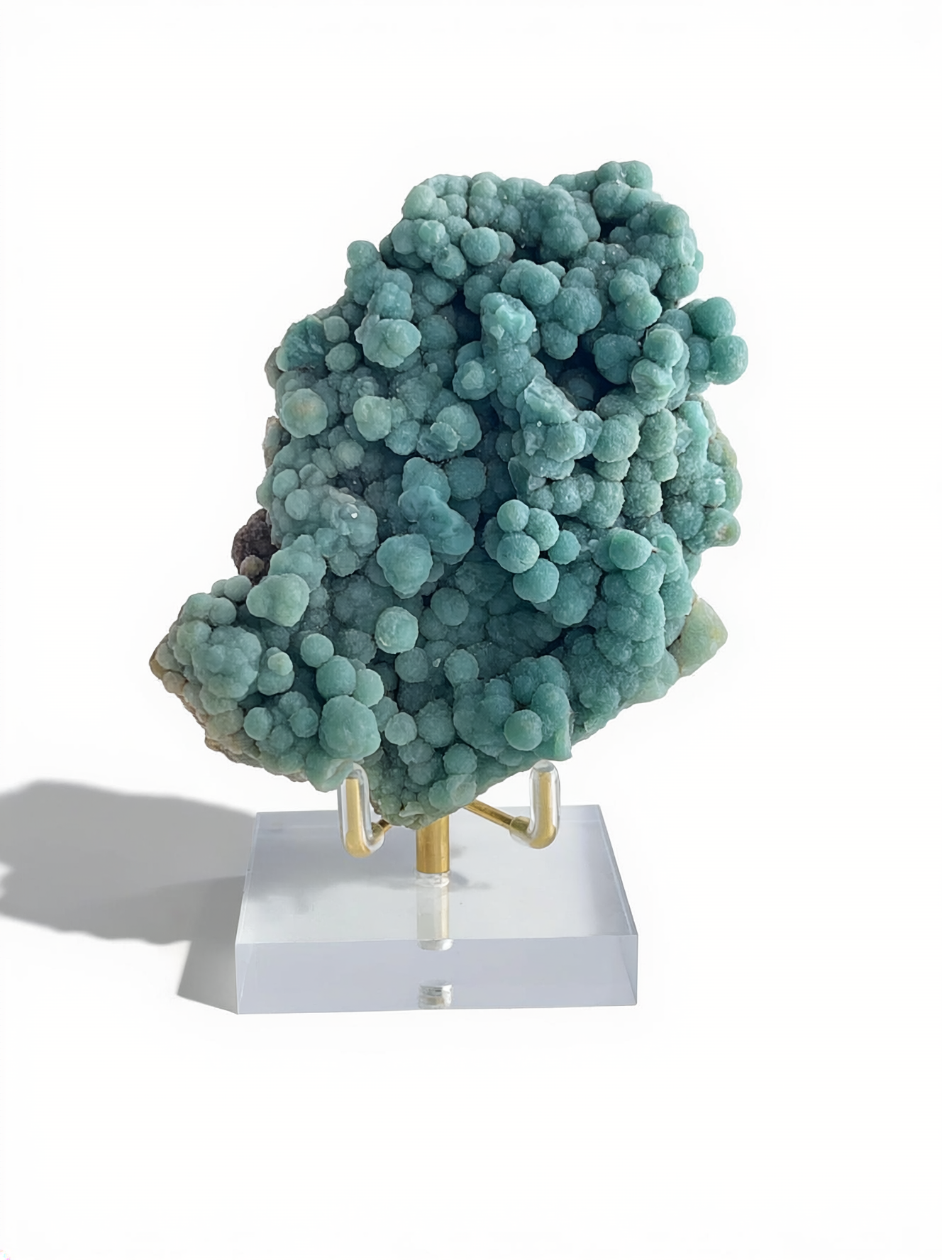 Raw botryoidal green prehnite mineral specimen from Morocco with display stand, front view