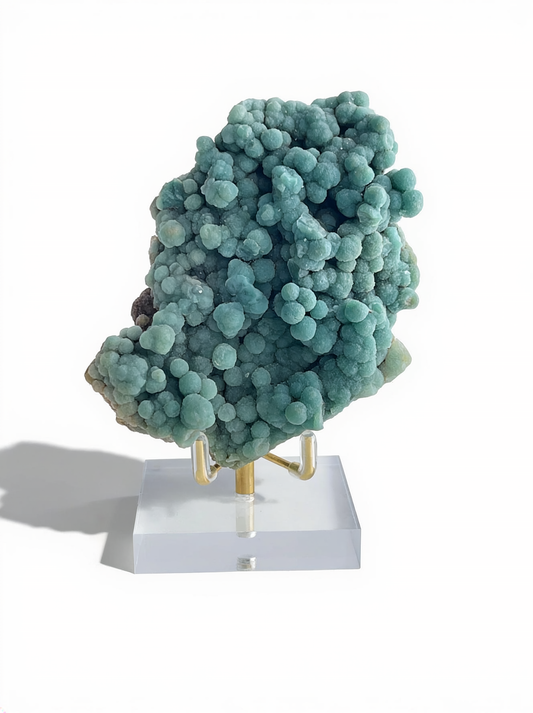 Raw botryoidal green prehnite mineral specimen from Morocco with display stand, front view