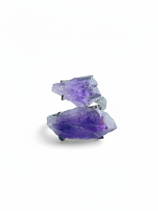 Raw Brazilian Amethyst crystal ring with natural purple quartz points