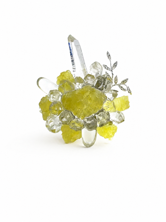 Raw Brucite, Herkimer Diamond Quartz and Lemurian Seed Quartz ring front view