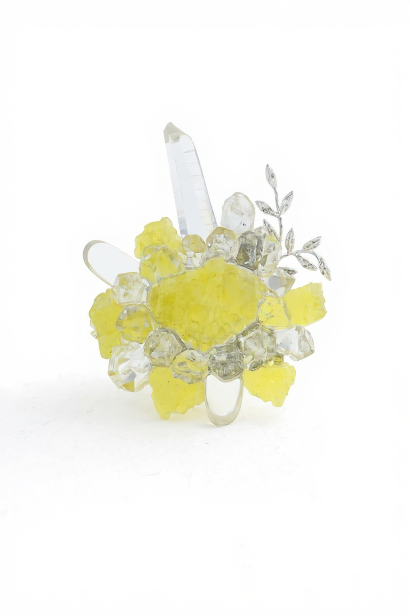 Raw Brucite, Herkimer Diamond Quartz and Lemurian Seed Quartz ring front view