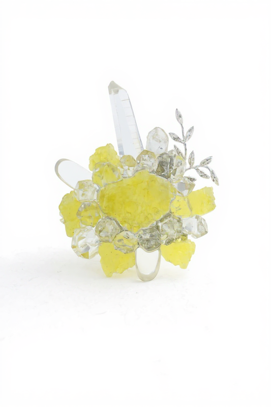 Raw Brucite, Herkimer Diamond Quartz and Lemurian Seed Quartz ring front view