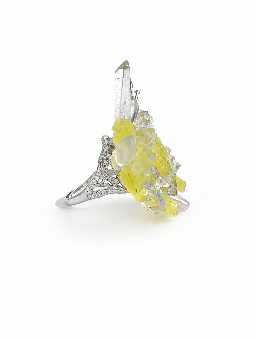 Side view of raw Brucite and Herkimer Diamond Quartz crystal ring