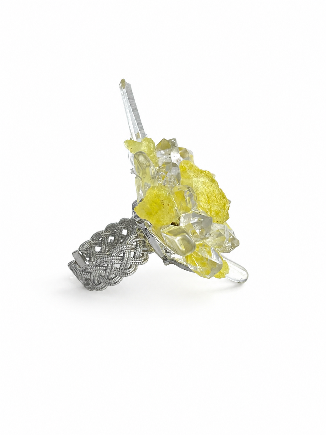 Side view of raw Brucite and Herkimer Diamond Quartz crystal ring