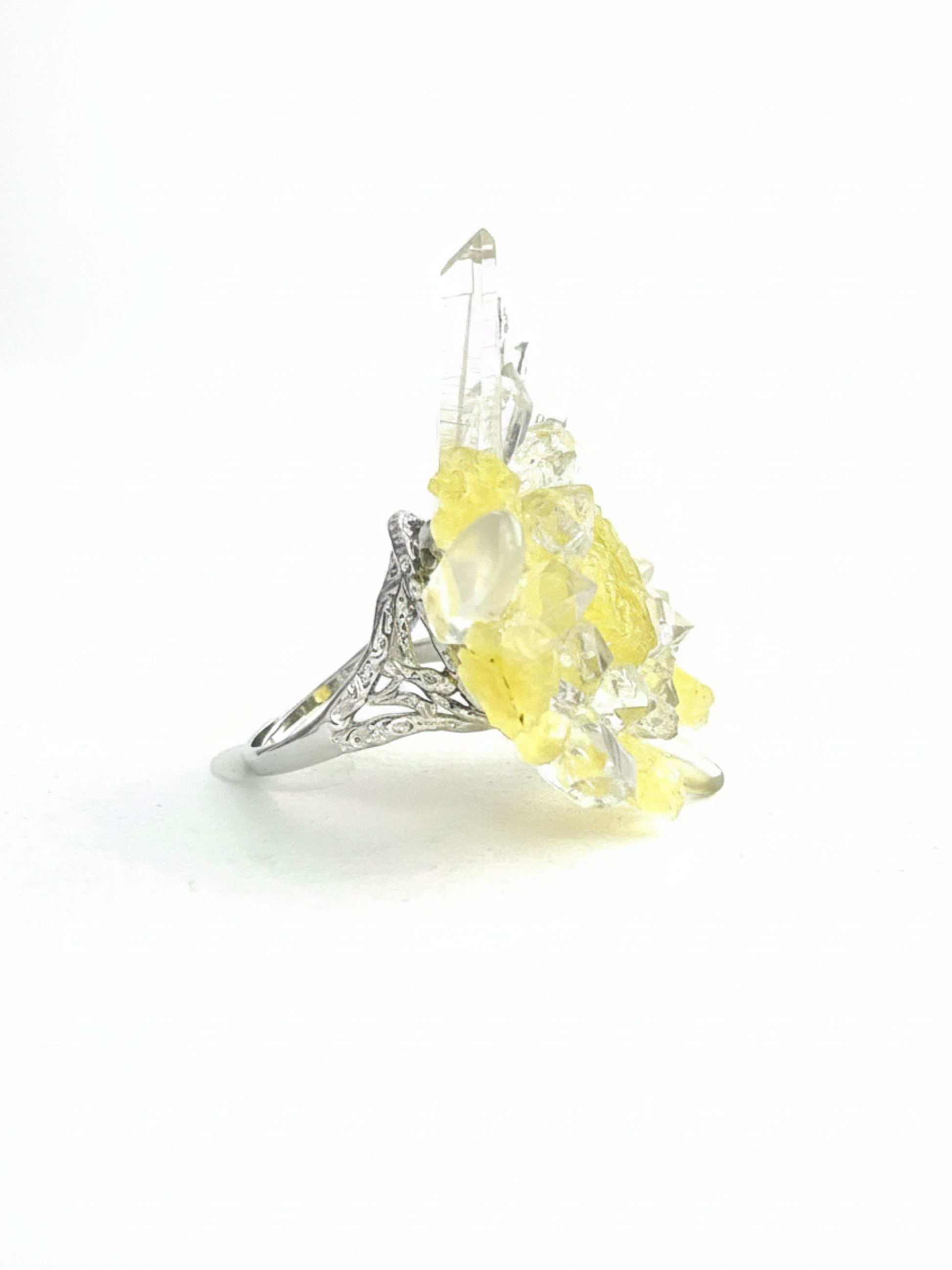 Side view of raw Brucite and Herkimer Diamond Quartz crystal ring