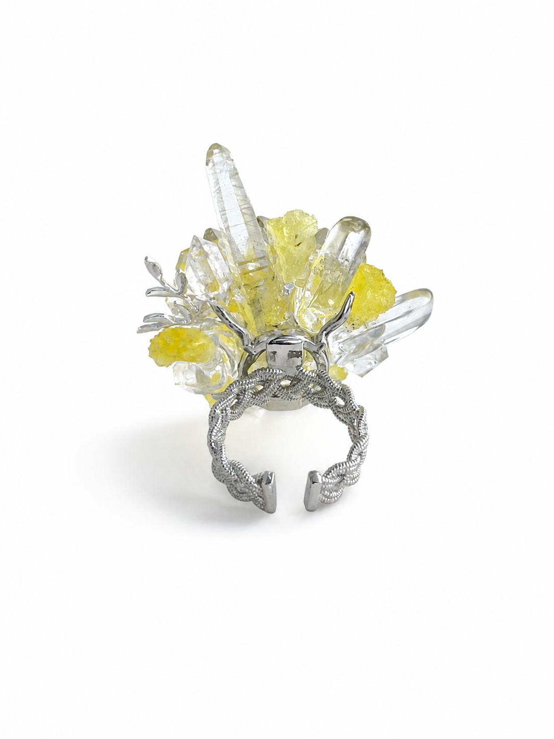 Back view of raw Brucite, Lemurian Seed Quartz and Clear Quartz ring