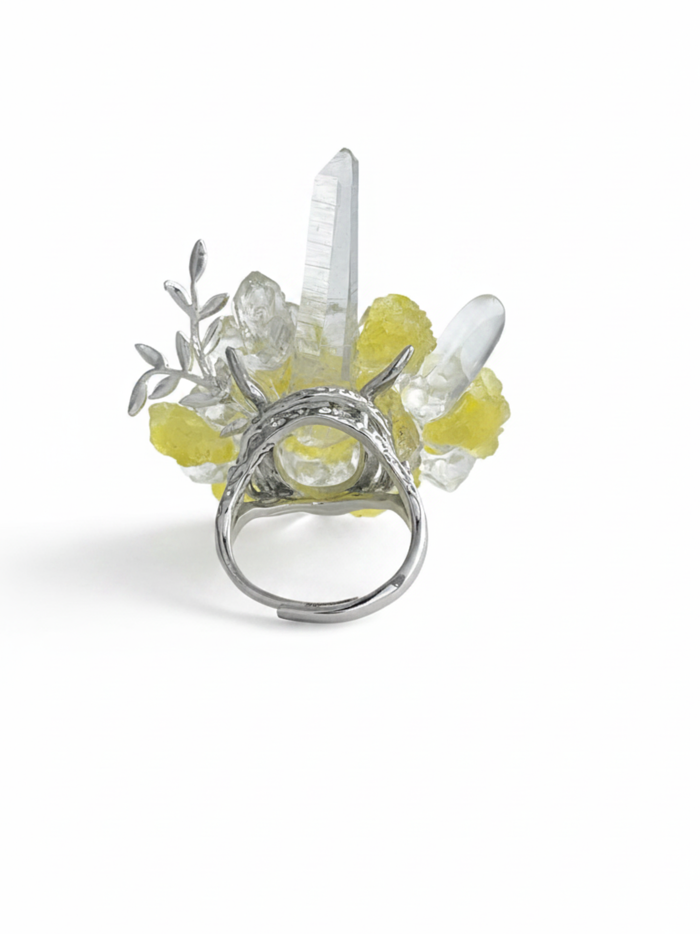 Back view of raw Brucite, Lemurian Seed Quartz and Clear Quartz ring