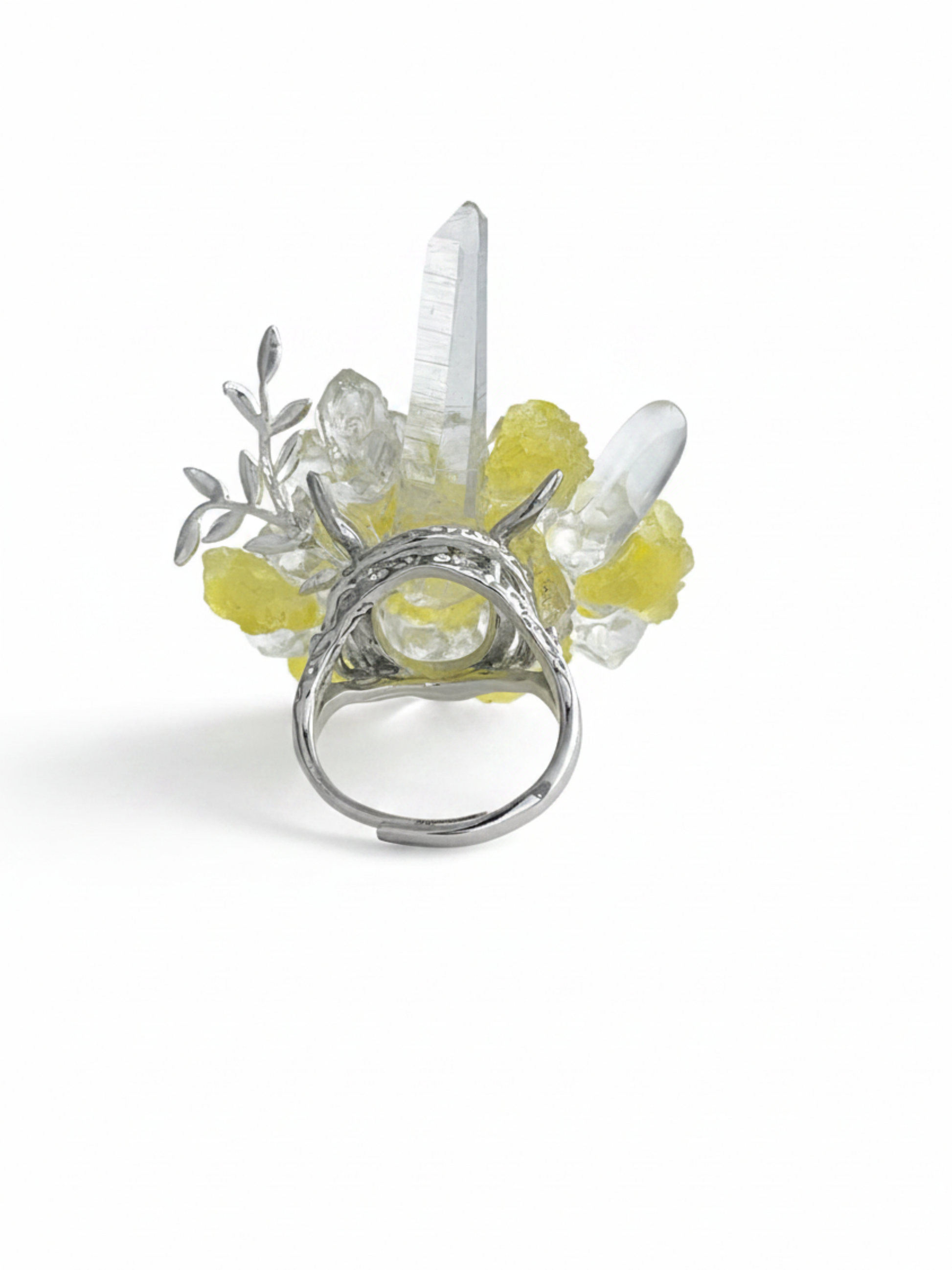 Back view of raw Brucite, Lemurian Seed Quartz and Clear Quartz ring