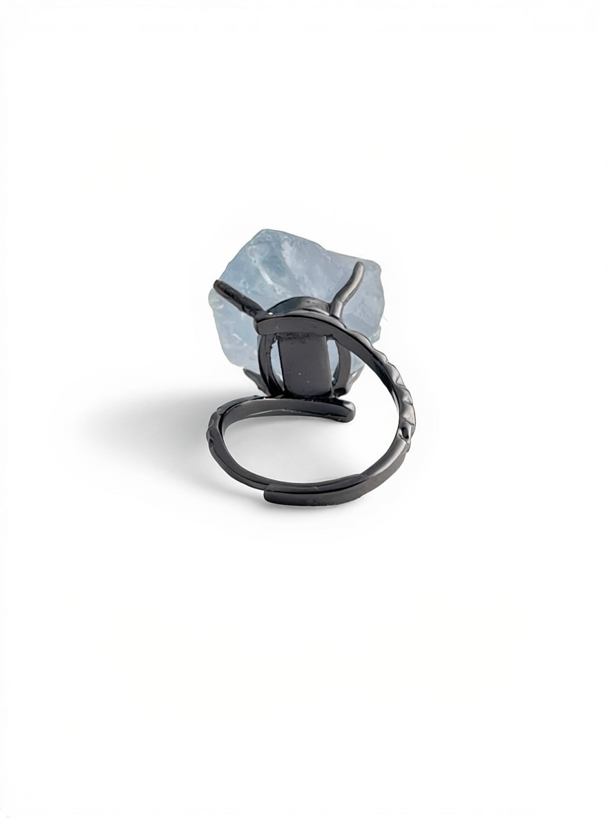Raw Celestite Crystal Ring from Madagascar, back view