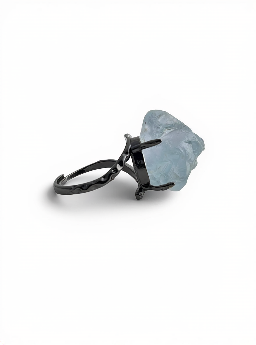 Raw Celestite Crystal Ring from Madagascar, side view