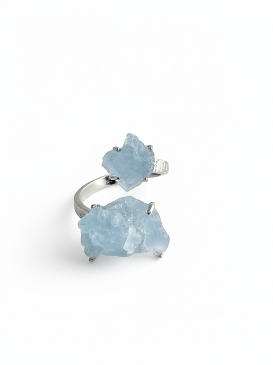 Raw Celestite twin ring from Madagascar front view