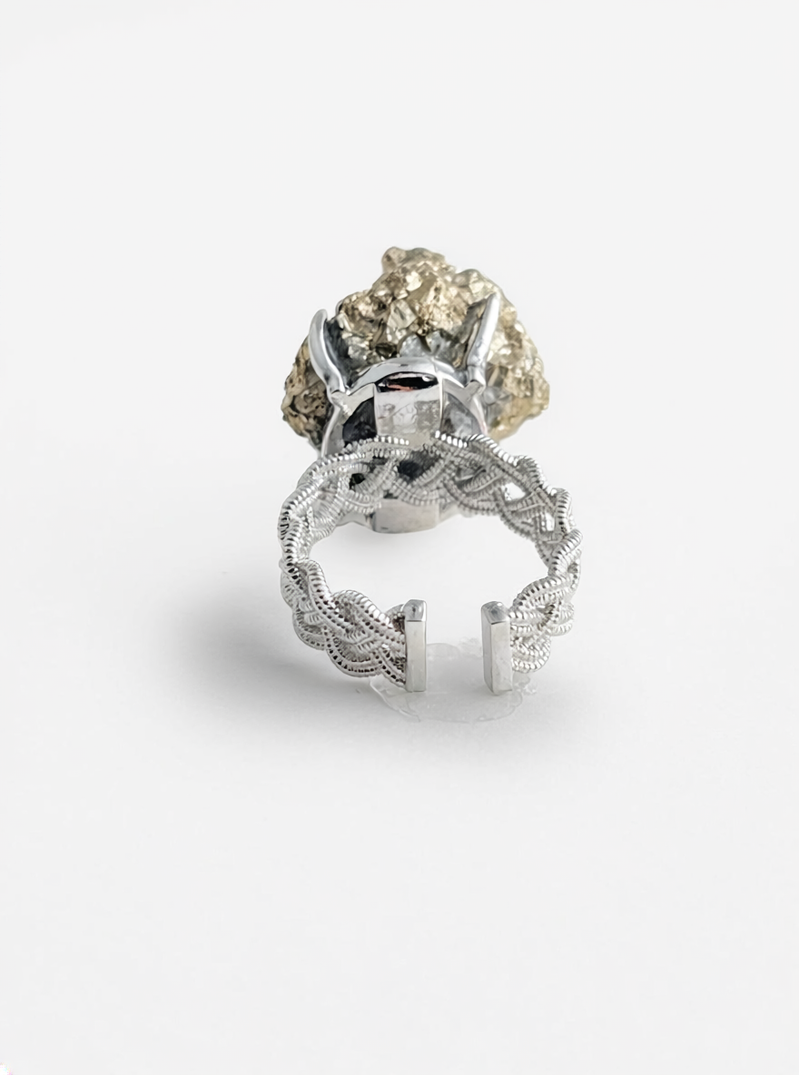 Back view of chalcopyrite mineral specimen ring adjustable band