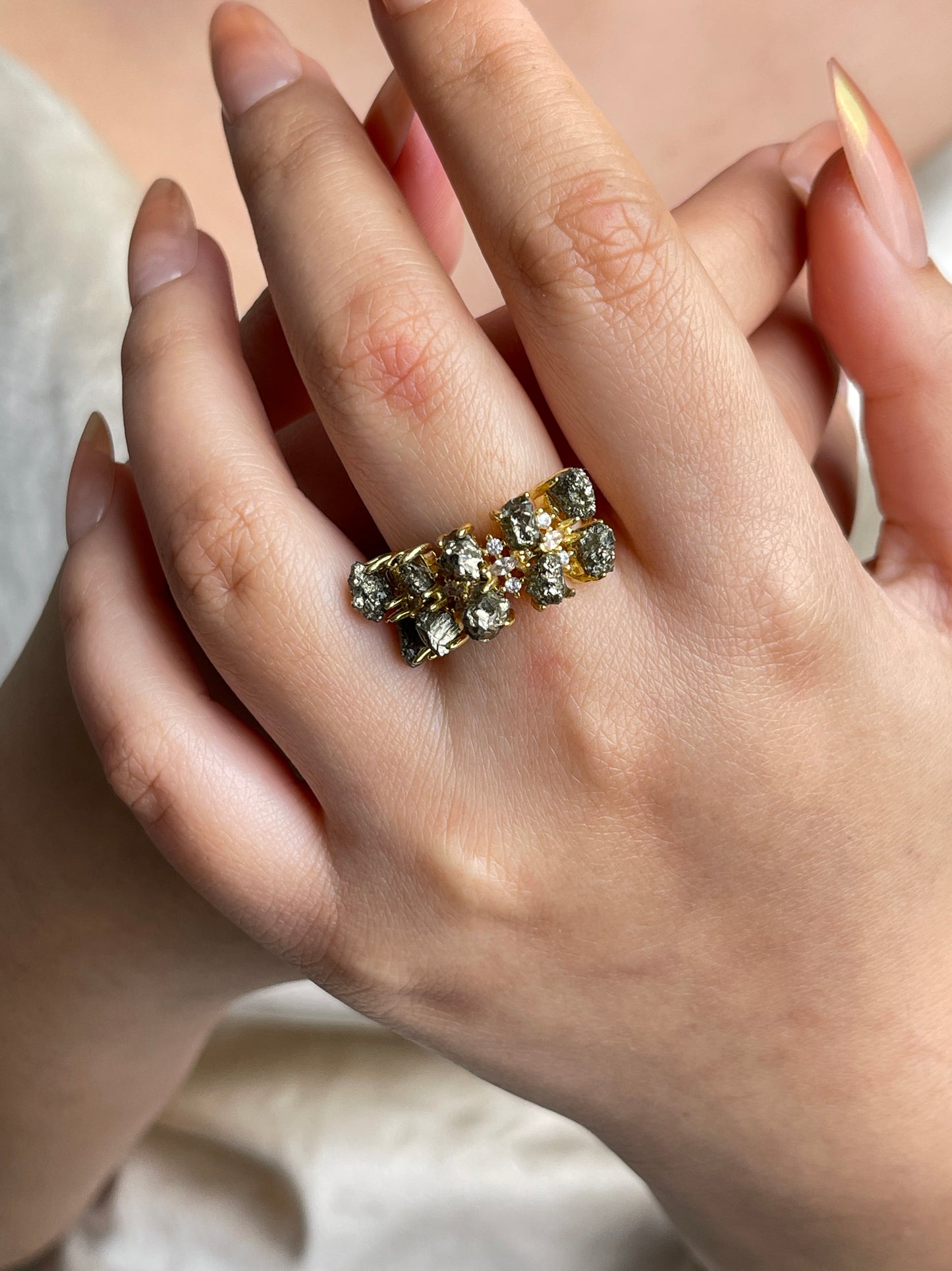 Raw Chalcopyrite Row Ring from Peru worn on hand