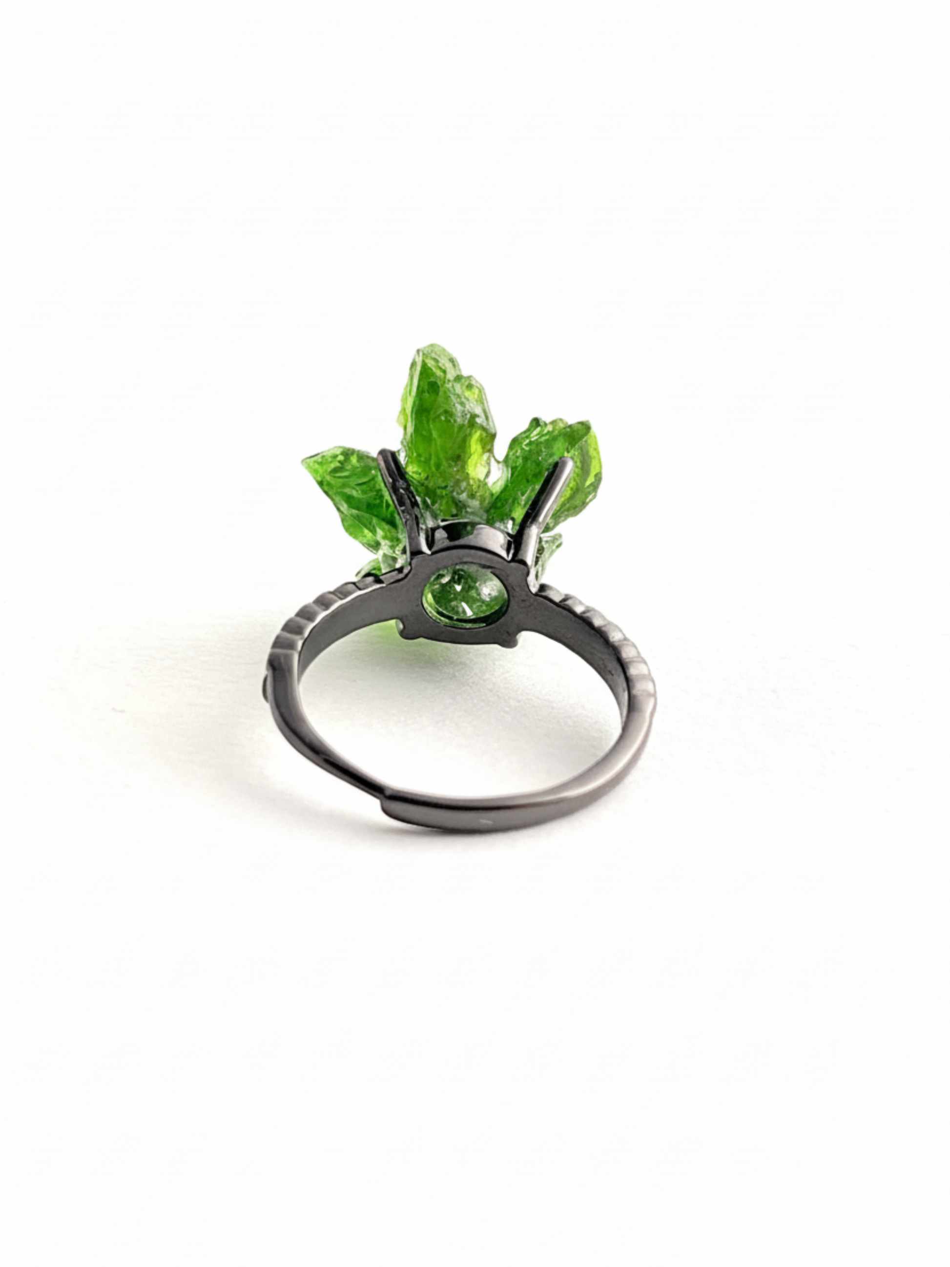 Back view of Raw Chrome Diopside and Chalcopyrite flower ring