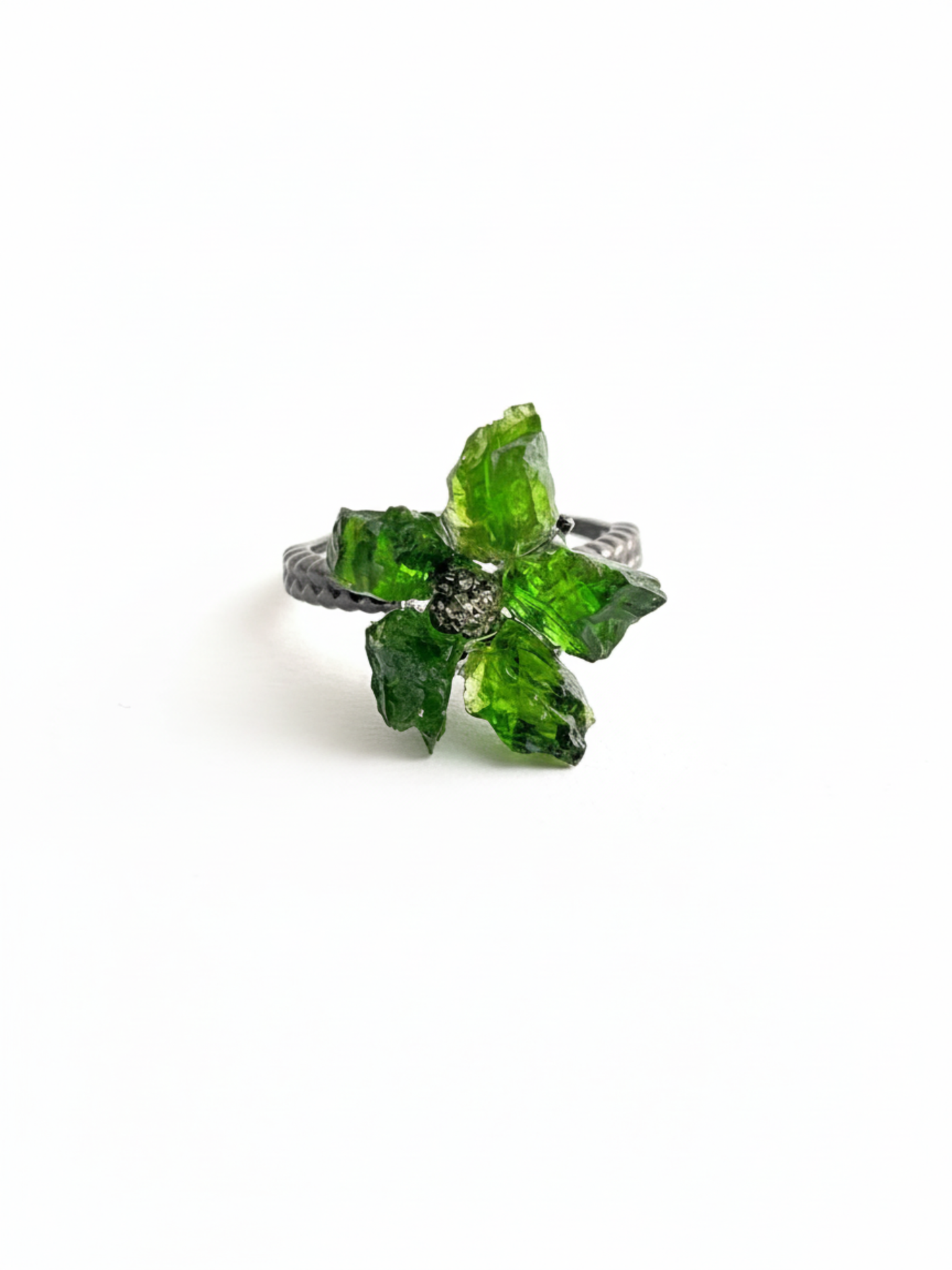 Raw Chrome Diopside and Chalcopyrite flower ring front view