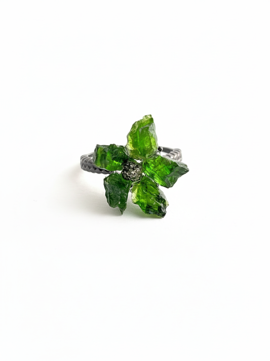 Raw Chrome Diopside and Chalcopyrite flower ring front view