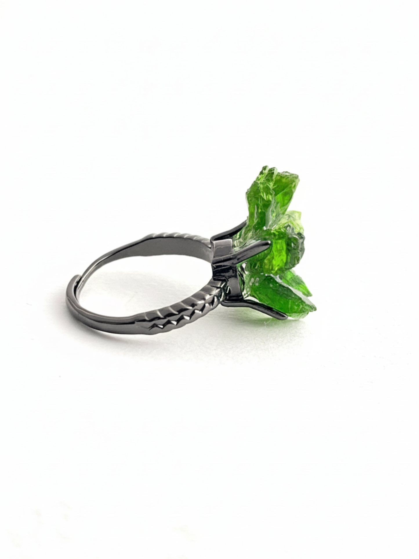 Side view of Raw Chrome Diopside and Chalcopyrite flower ring