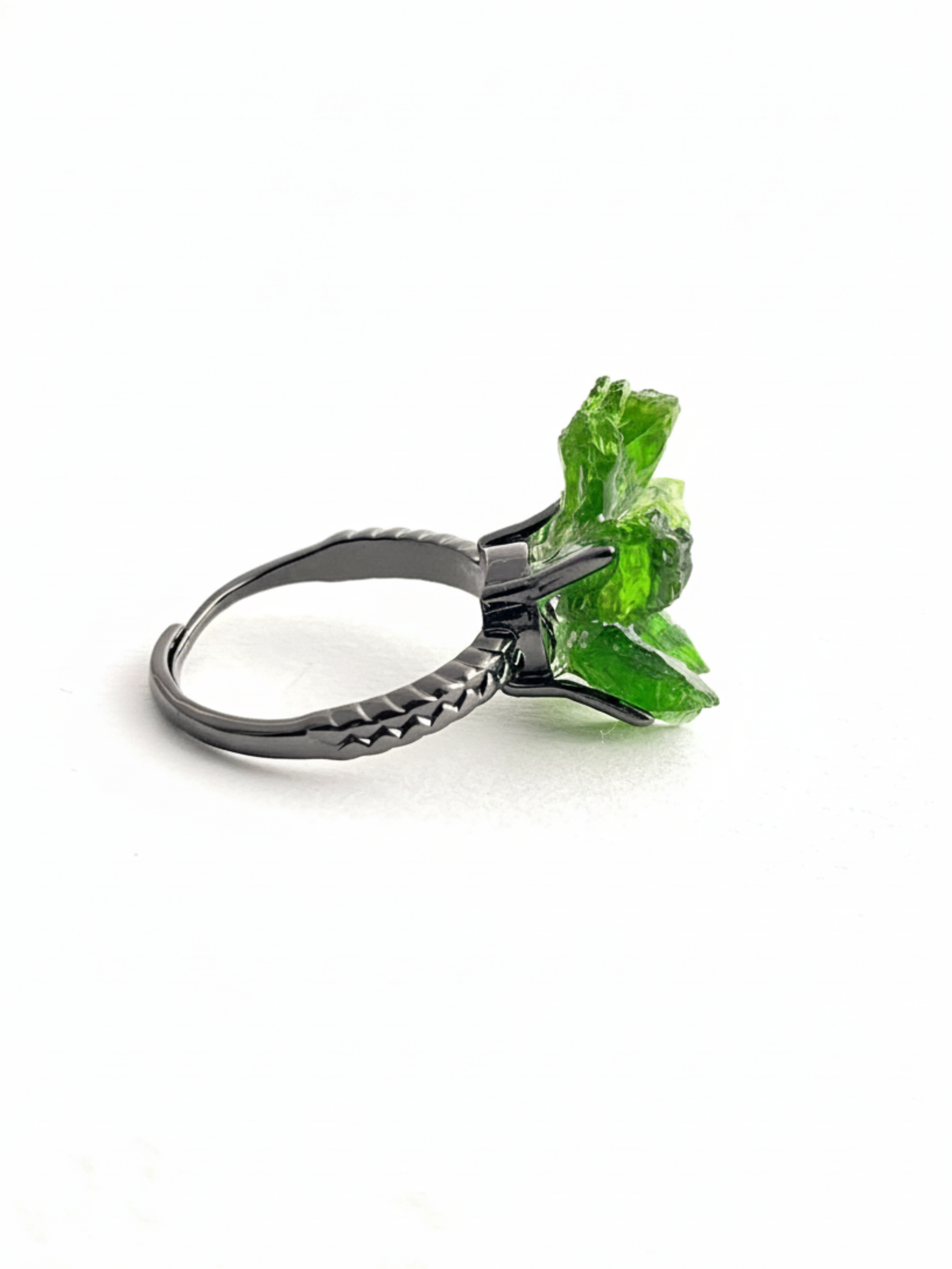 Side view of Raw Chrome Diopside and Chalcopyrite flower ring