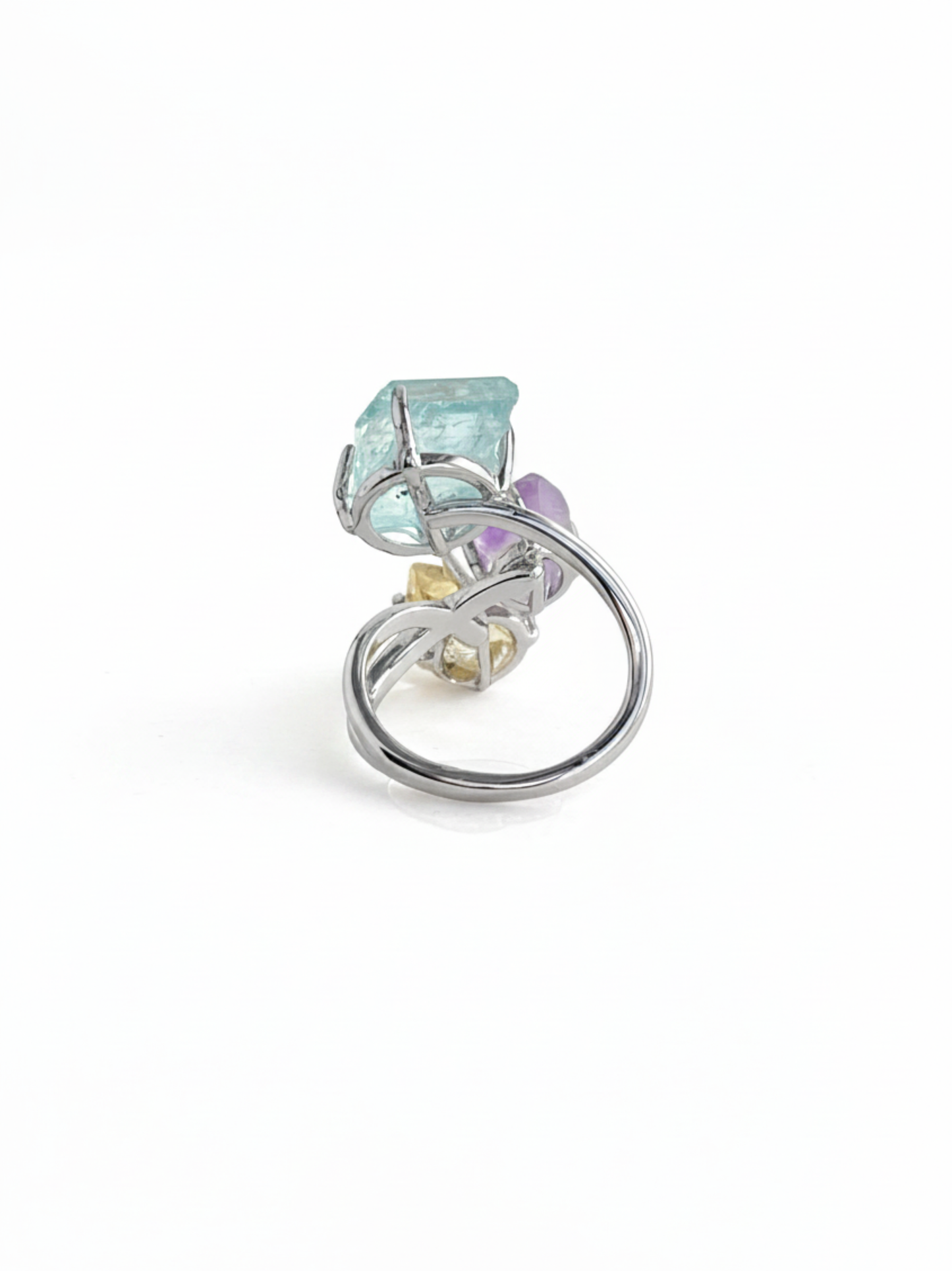 Back view of raw citrine, raw amethyst and raw aquamarine ring