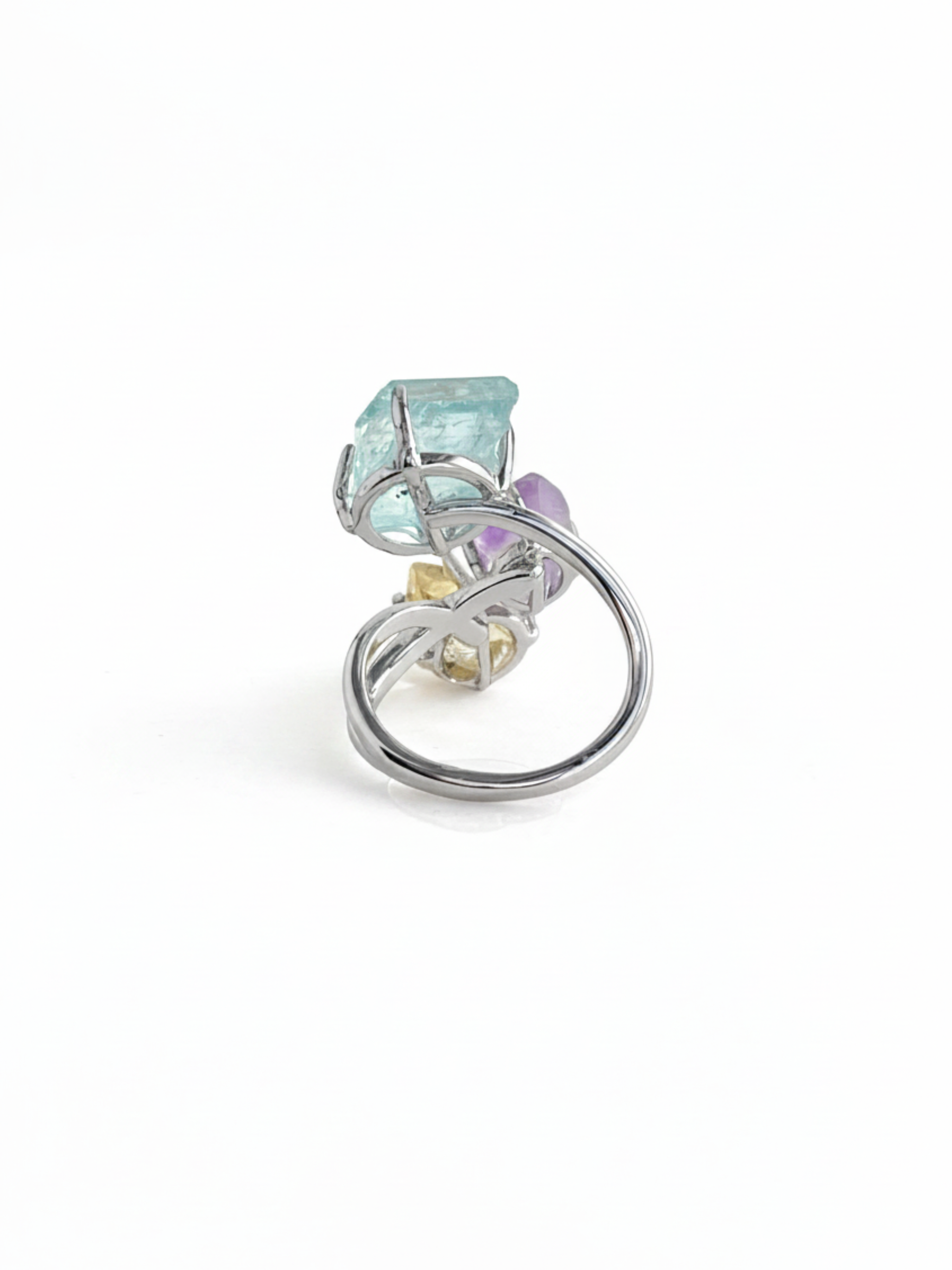 Back view of raw citrine, raw amethyst and raw aquamarine ring