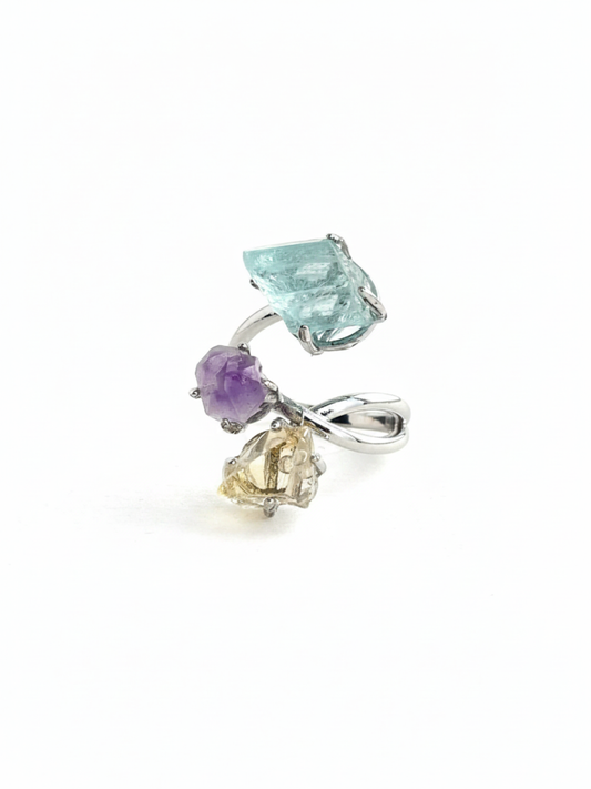Raw citrine, raw amethyst and raw aquamarine ring front view