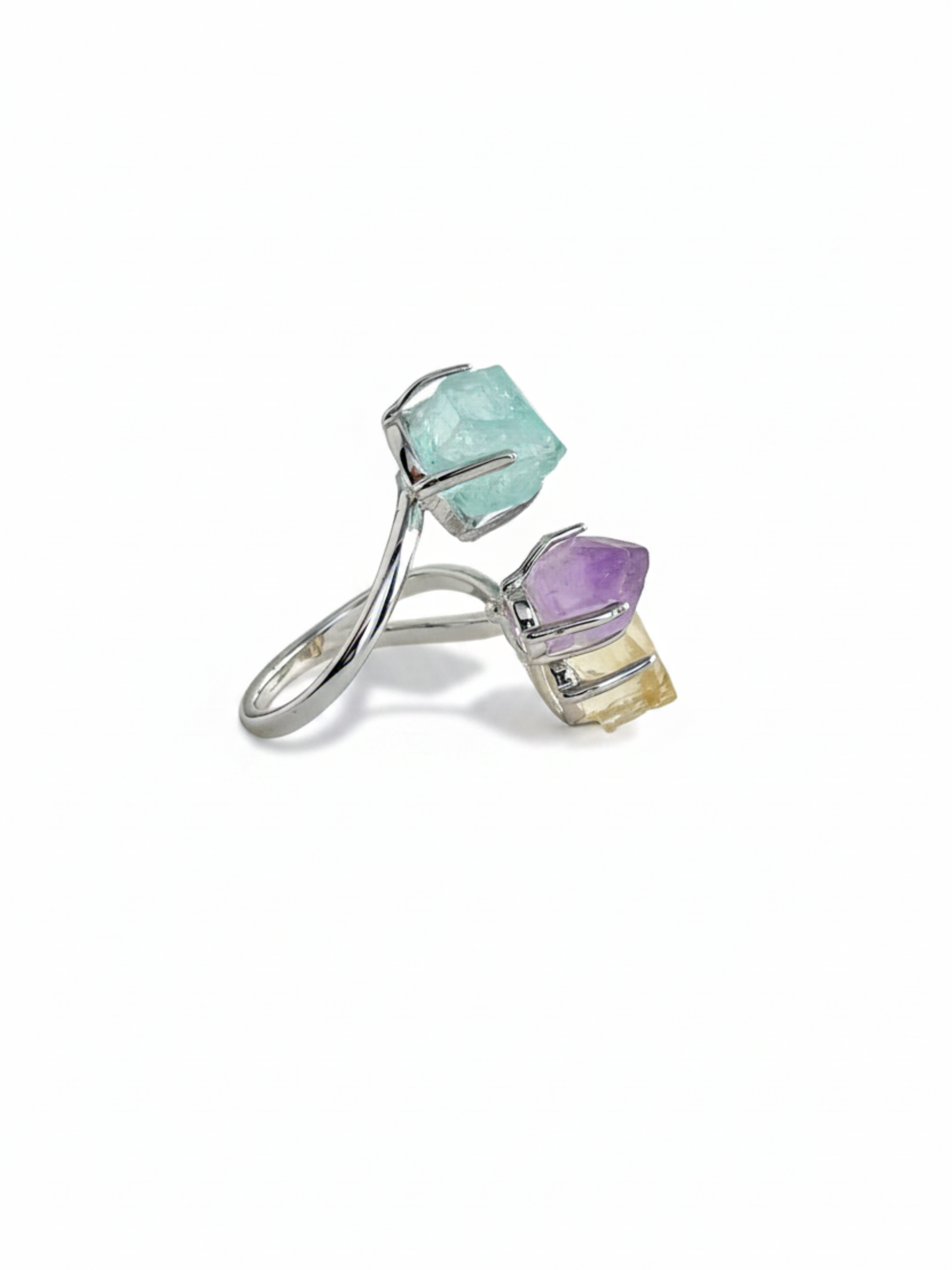 Side view of raw citrine, raw amethyst and raw aquamarine ring with silver tone band