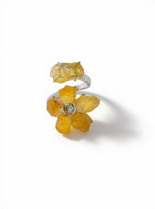 Raw citrine flower ring with chalcopyrite front view