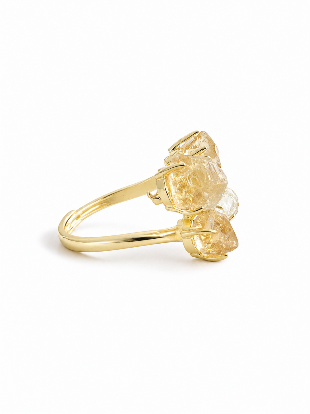 Side view of raw Brazilian Citrine crystal ring with gold plated band