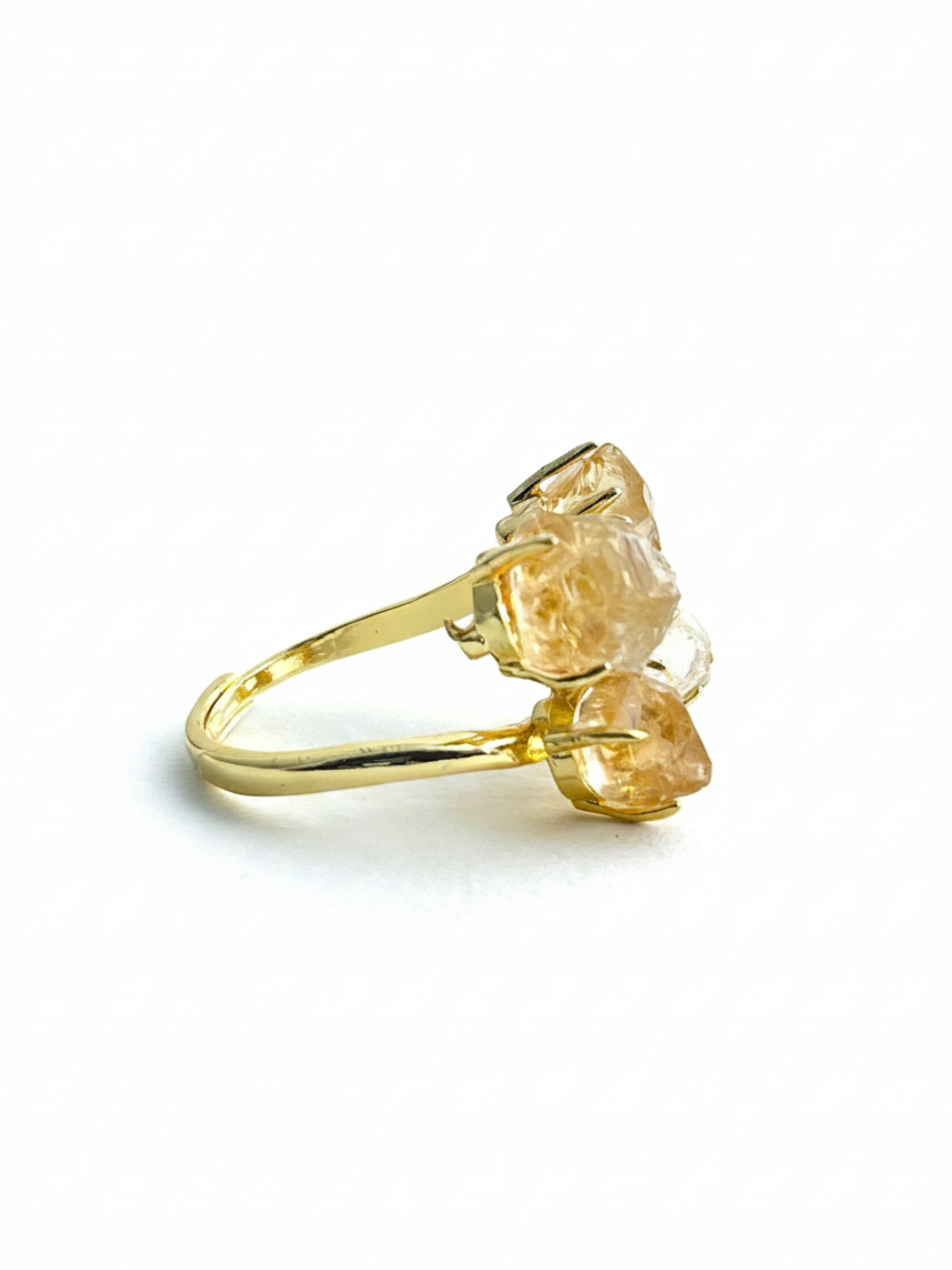 Side view of raw Brazilian Citrine crystal ring with gold plated band