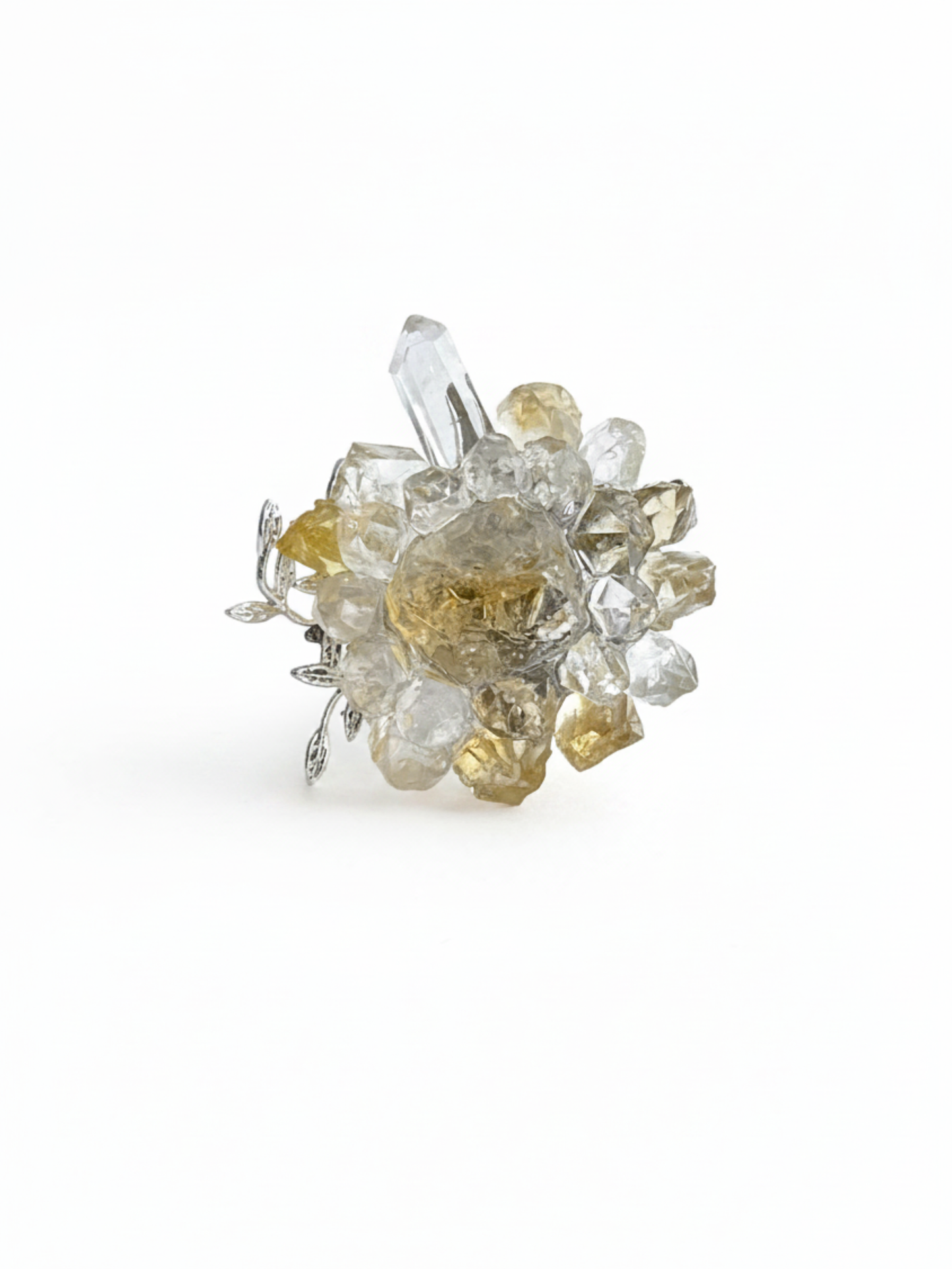 Raw citrine Herkimer Diamond Quartz and Lemurian seed quartz flower ring front view