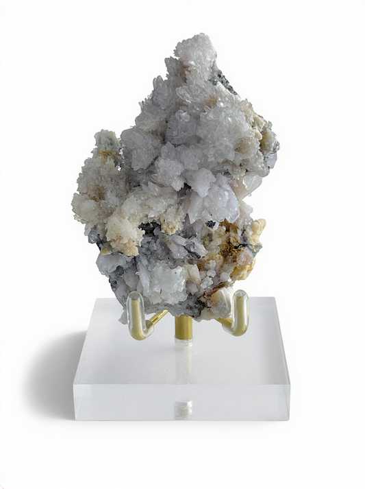 Raw Creedite cluster mineral specimen on matrix with display stand
