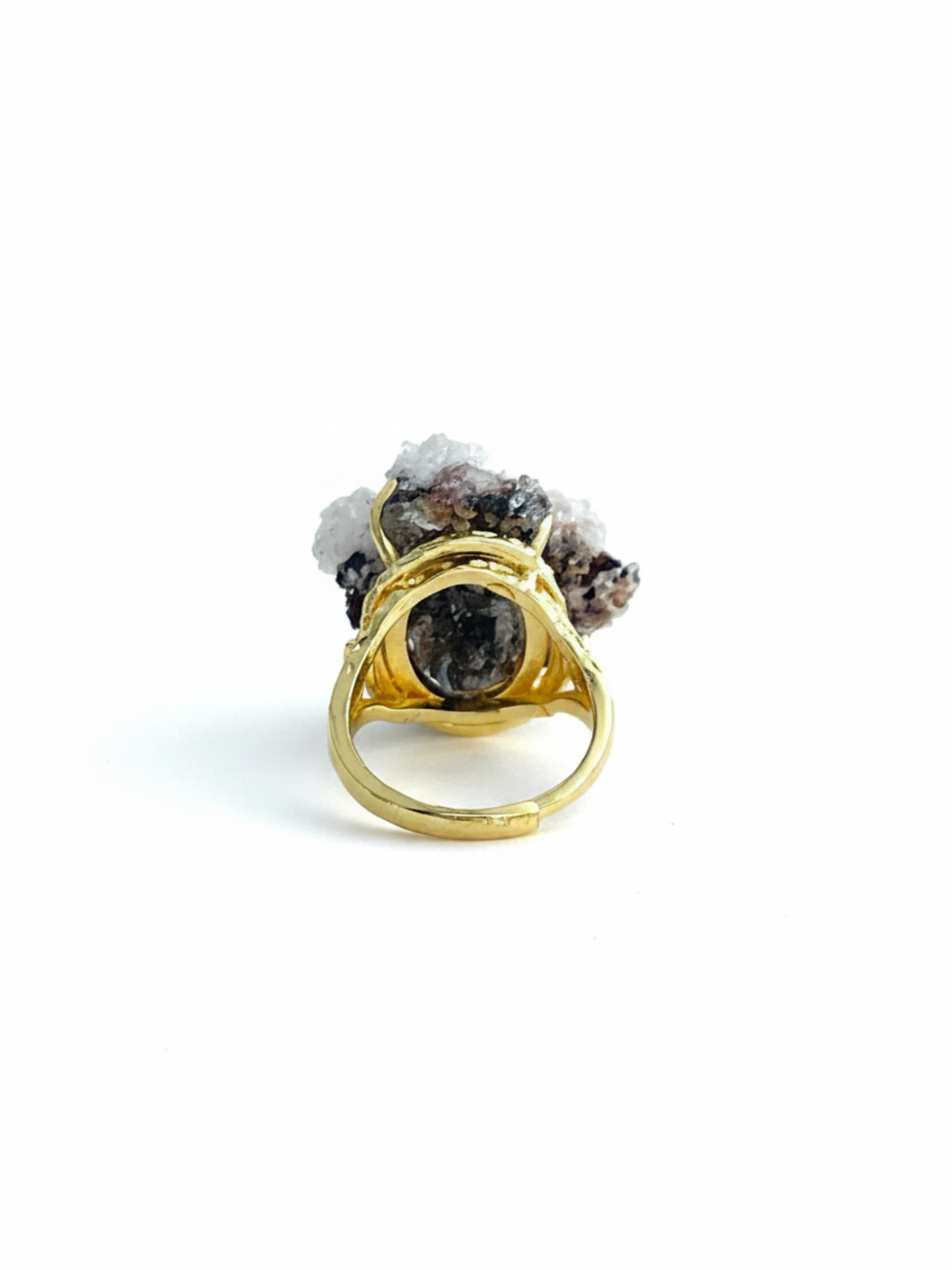 Back view of raw Creedite crystal cluster ring and adjustable band