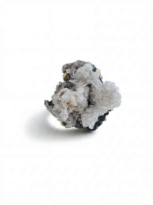 Raw Creedite crystal cluster ring with radiating white needle crystals