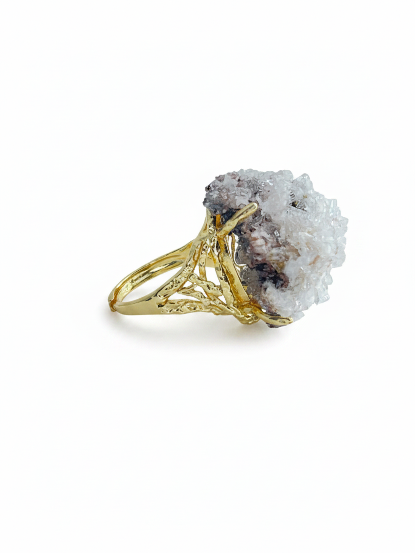 Side view of raw Creedite crystal cluster ring with natural crystal structure