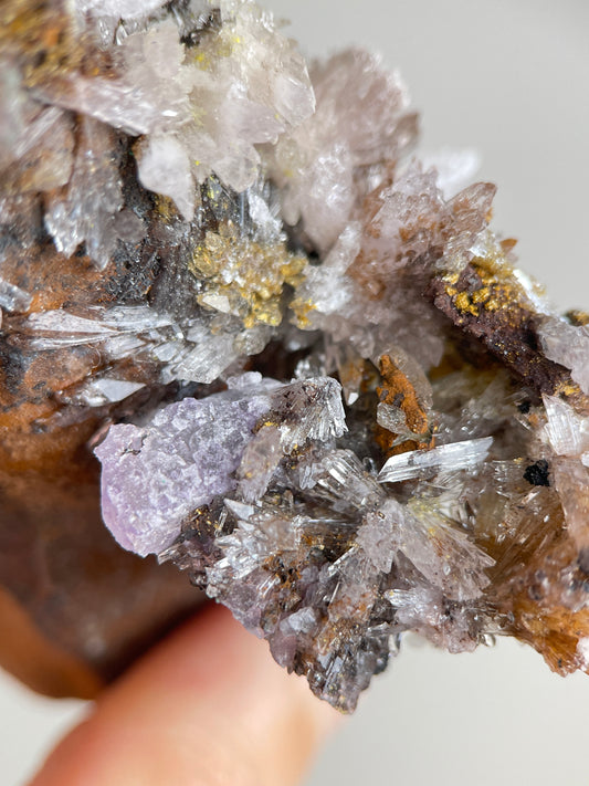 Close-up of pale Creedite flower crystal clusters on dark natural matrix