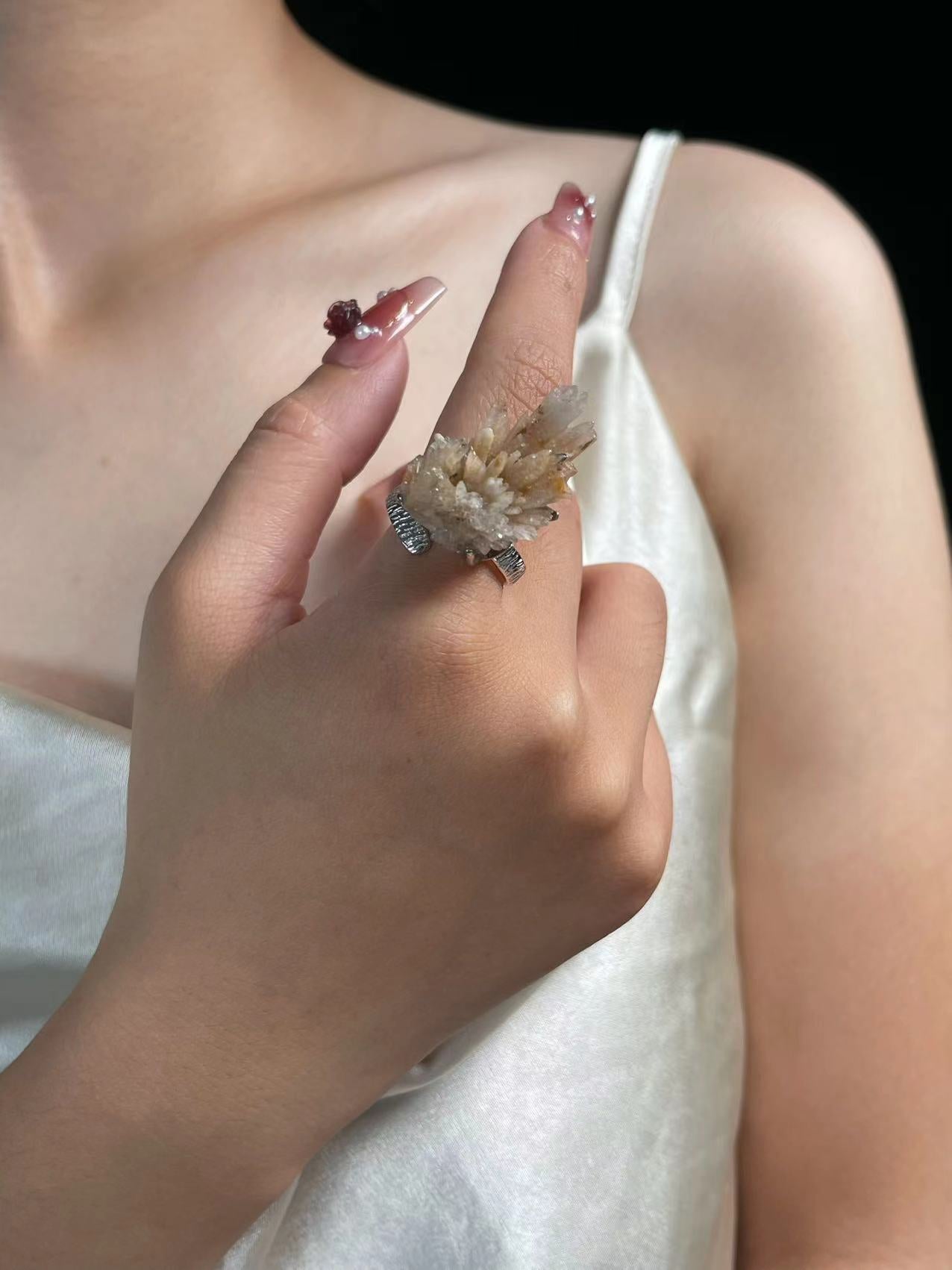Orange Gypsum Crystal Cluster Ring