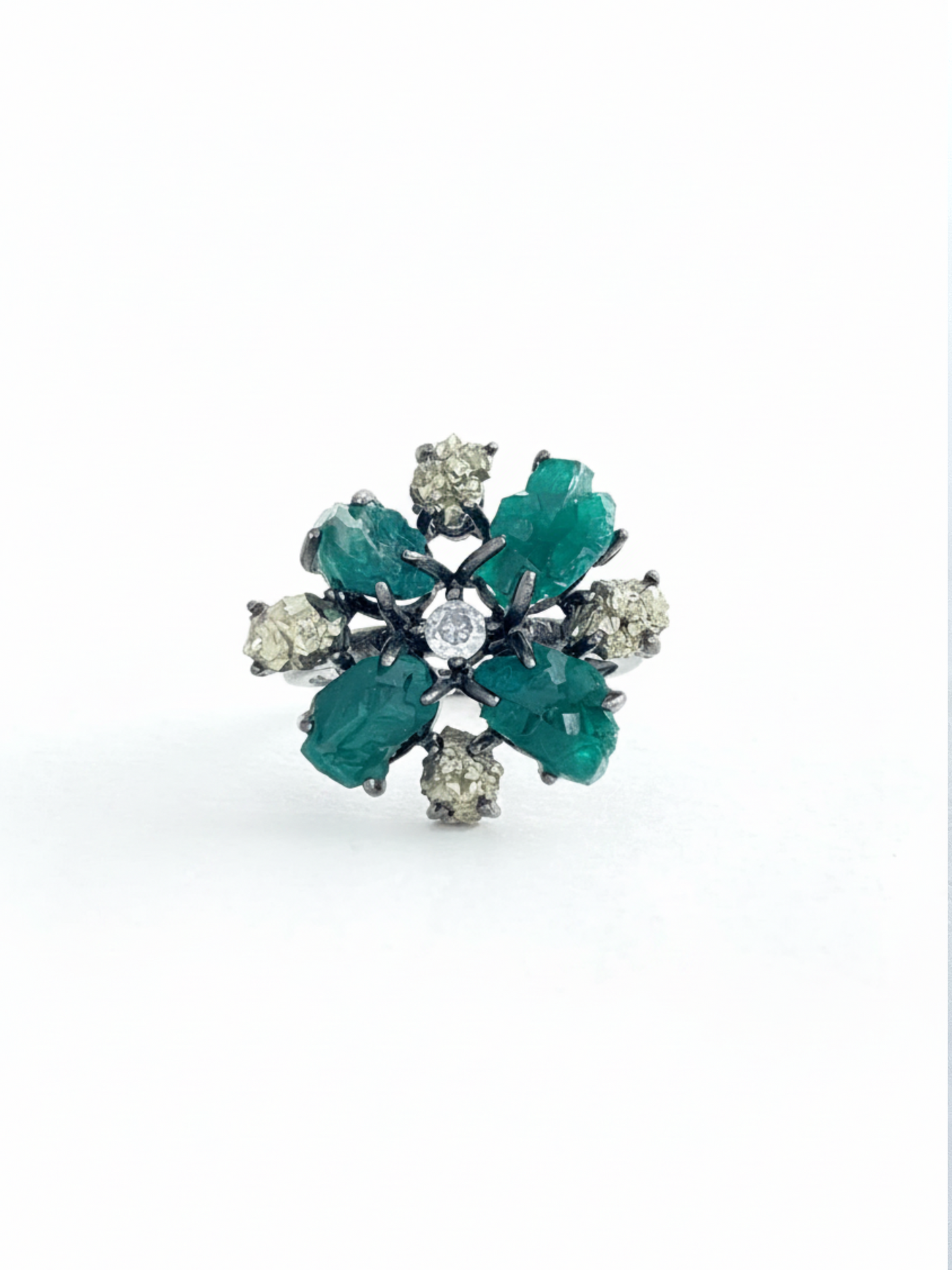 Raw Dioptase and Chalcopyrite snowflake ring with black rhodium plated setting, front view