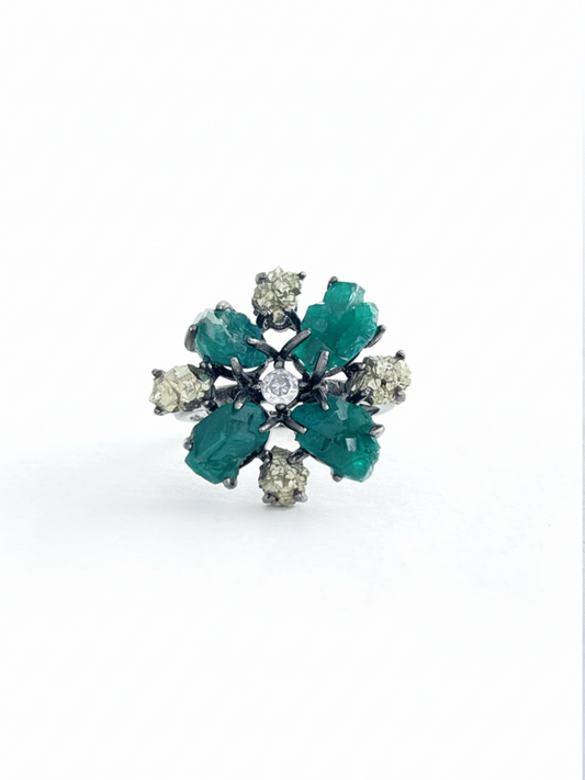 Raw Dioptase and Chalcopyrite snowflake ring with black rhodium plated setting, front view