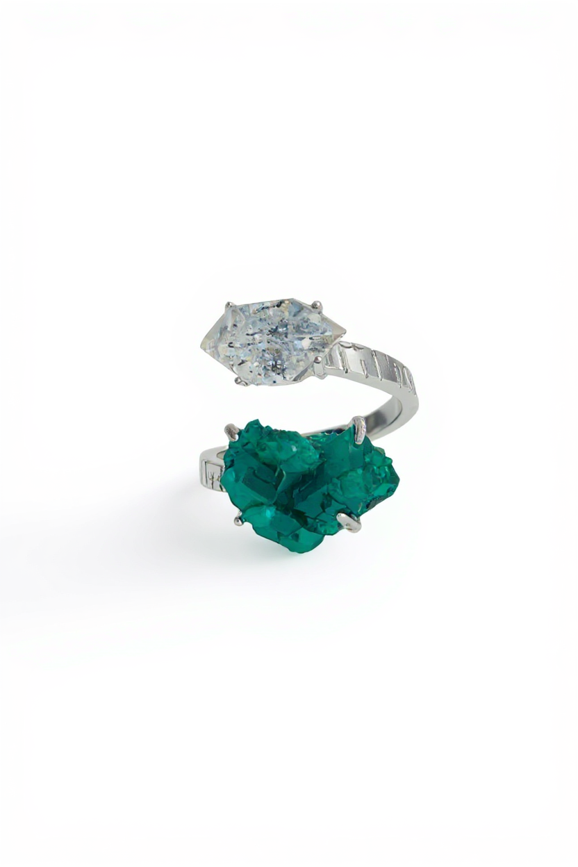 Raw Dioptase and Herkimer Diamond Quartz open ring front view