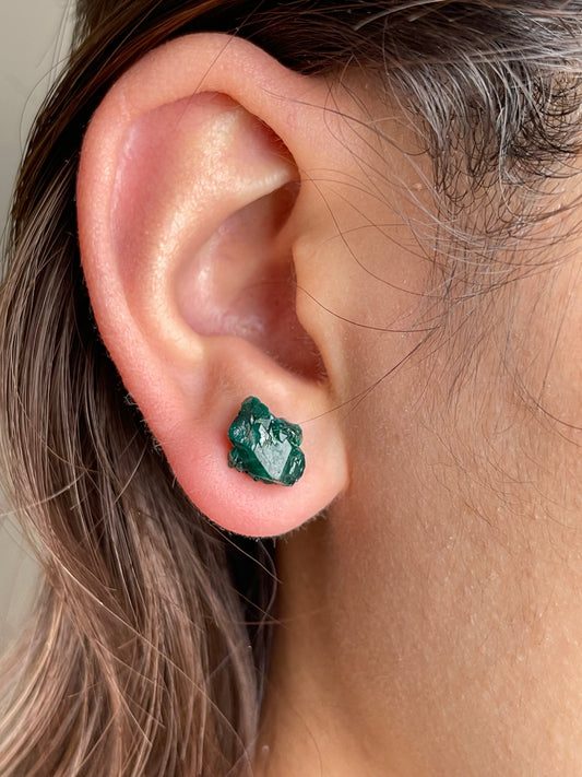 Raw Dioptase Stud Earrings close-up worn on ear