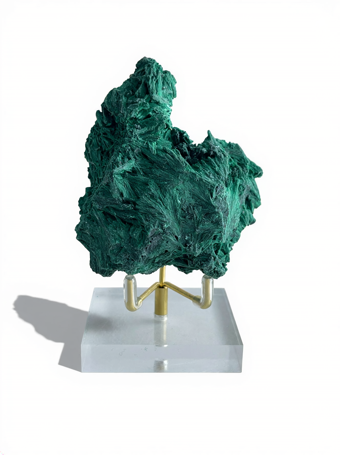 Raw fibrous malachite cluster mineral specimen with display stand, front view