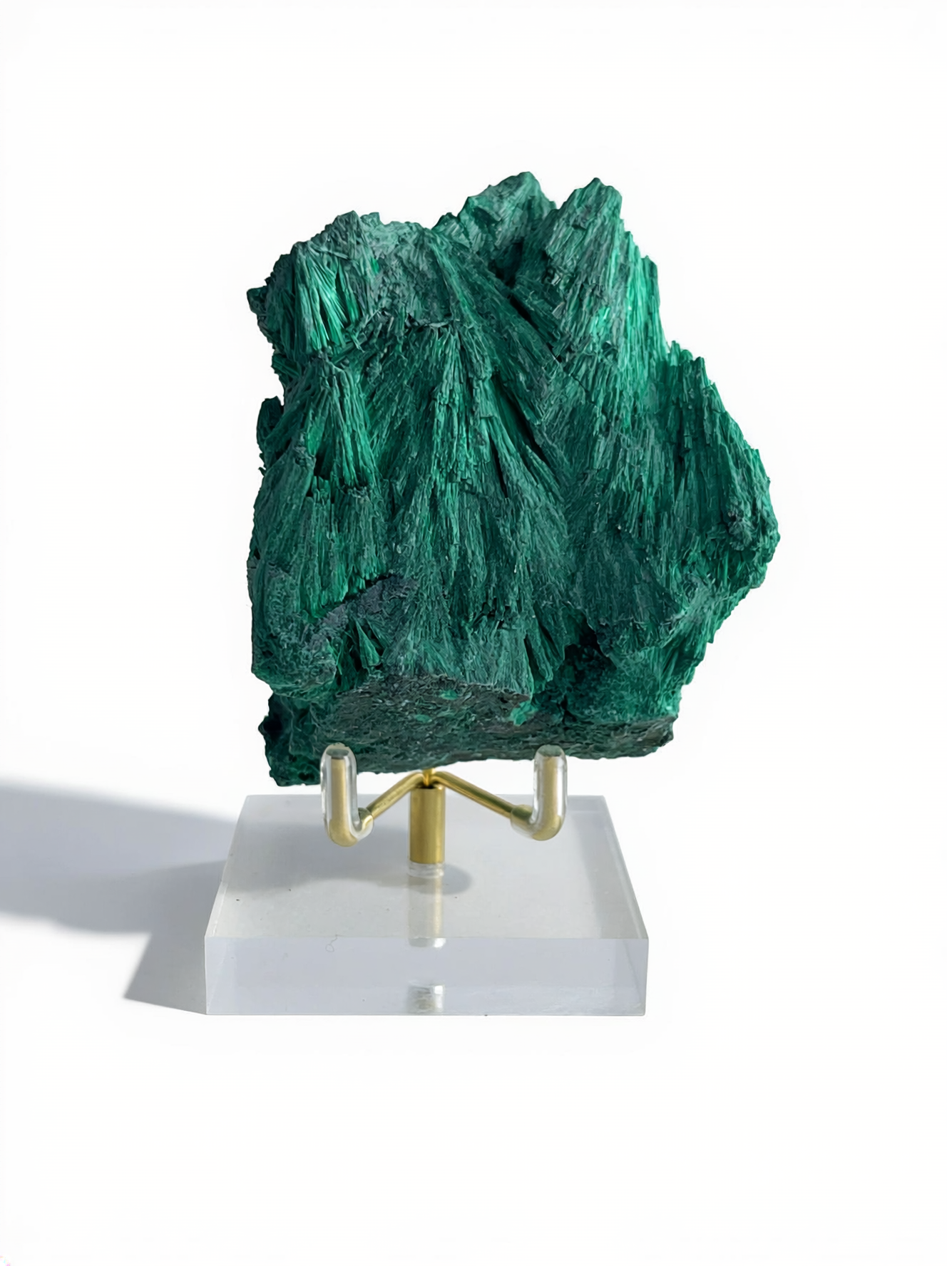 Raw fibrous malachite fan cluster mineral specimen with display stand, front view