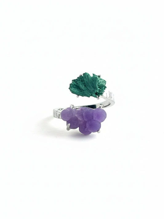 Raw Fibrous Malachite and Purple Grape Agate ring, front view
