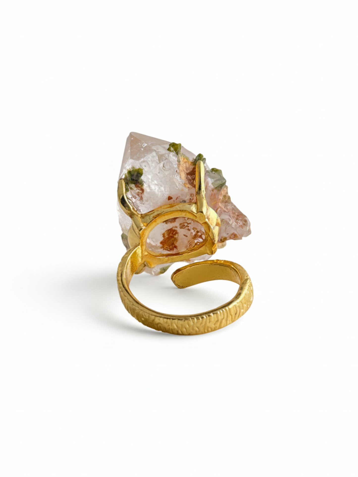 Raw garden quartz epidote ring back view